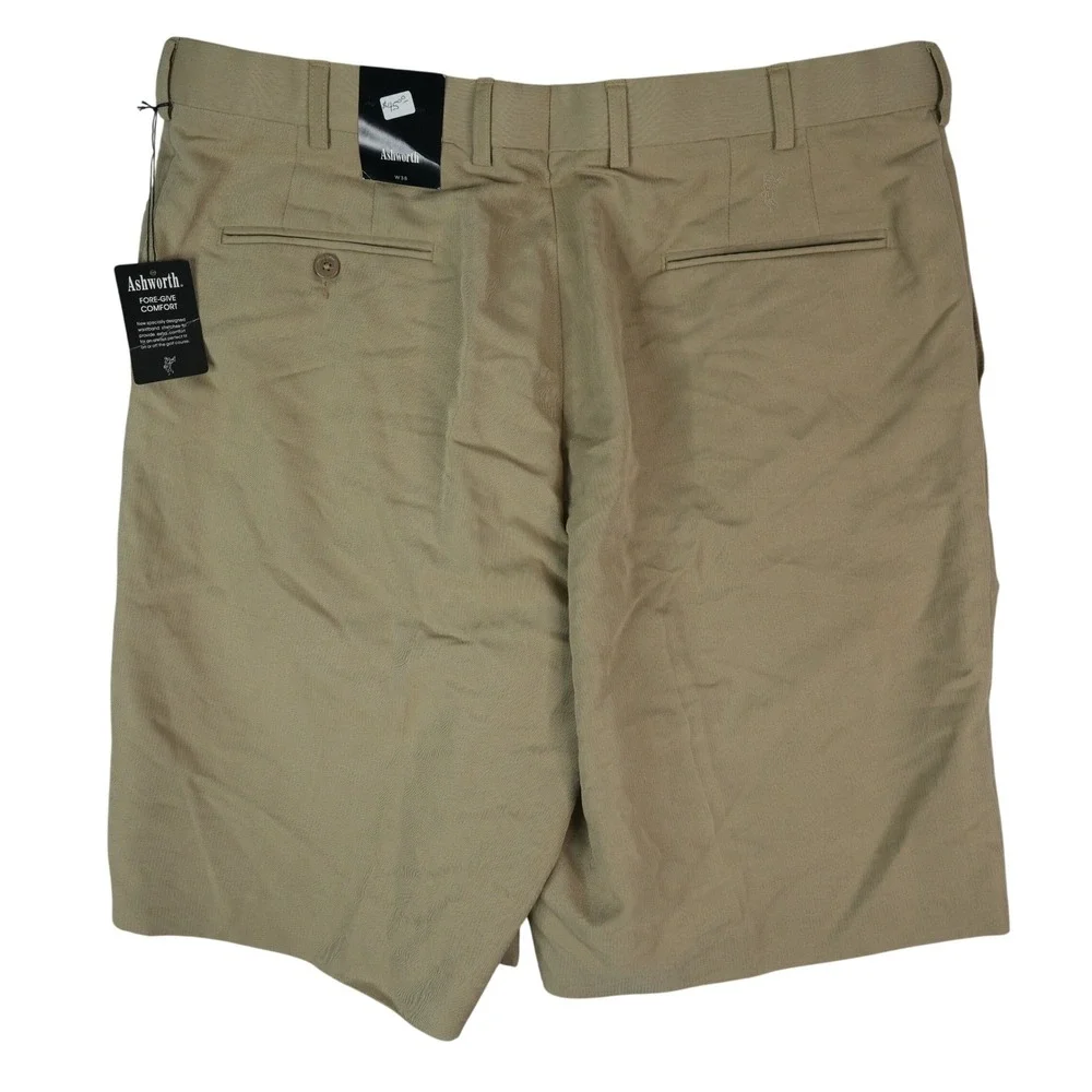 Ashworth Golf Shorts Mens 38x9.5 Khaki‎ Fore-Give Comfort Pleated Authentics New
